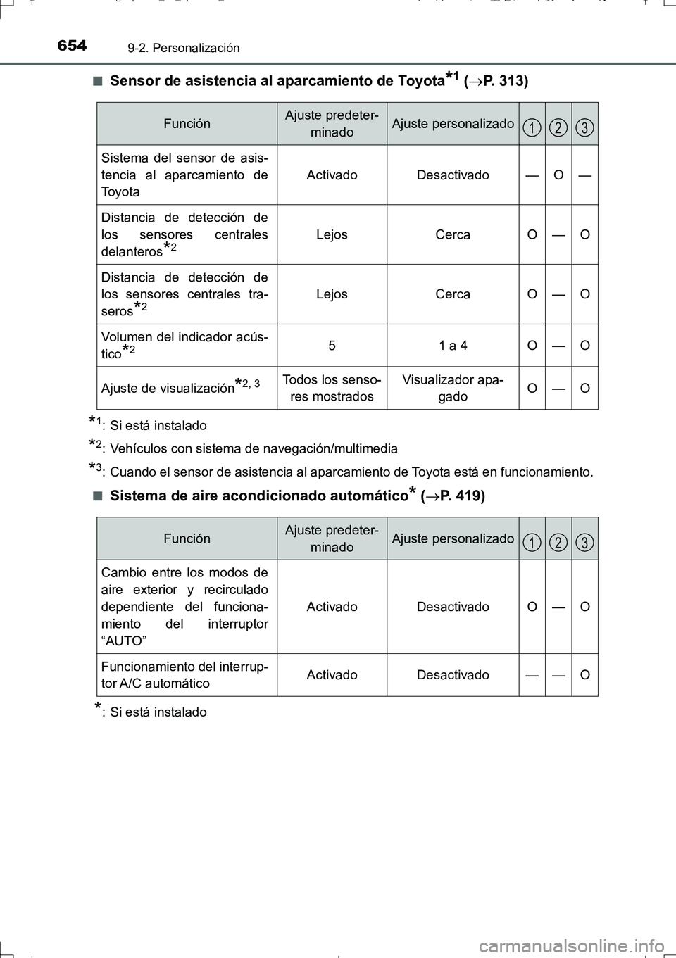TOYOTA AURIS TOURING SPORTS 2017  Manual del propietario (in Spanish) 6549-2. Personalización
UK_AURIS_Touring_Sport_ES (OM12L16S)■
Sensor de asistencia al aparcamiento de Toyota*1 (P. 313)
*1: Si está instalado
*2: Vehículos con sistema de navegación/multimedi