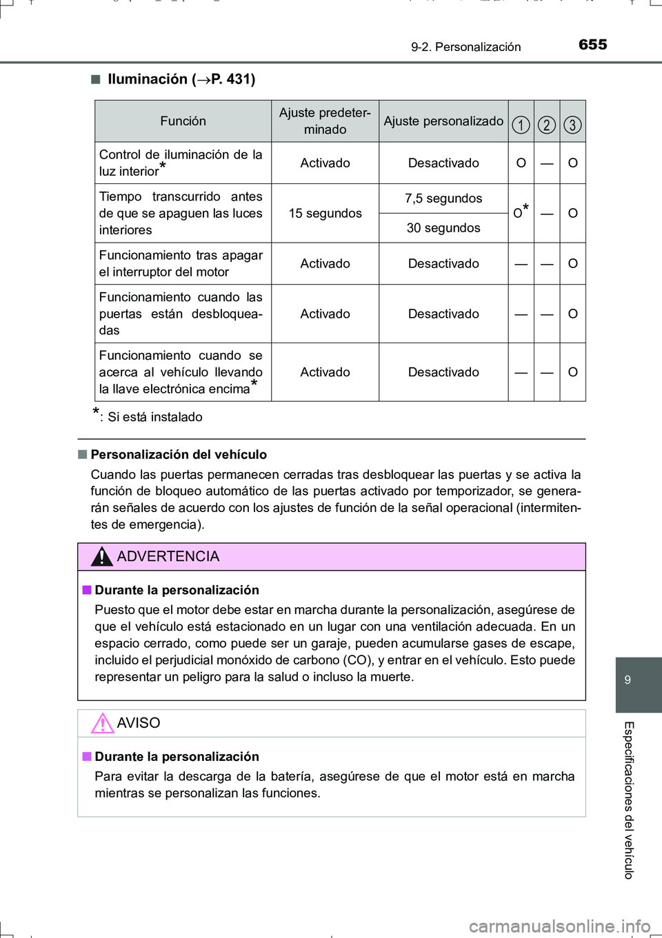 TOYOTA AURIS TOURING SPORTS 2017  Manual del propietario (in Spanish) 655
9
9-2. Personalización
Especificaciones del vehículo
UK_AURIS_Touring_Sport_ES (OM12L16S)■
Iluminación (P. 431)
*: Si está instalado
■Personalización del vehículo
Cuando las puertas p