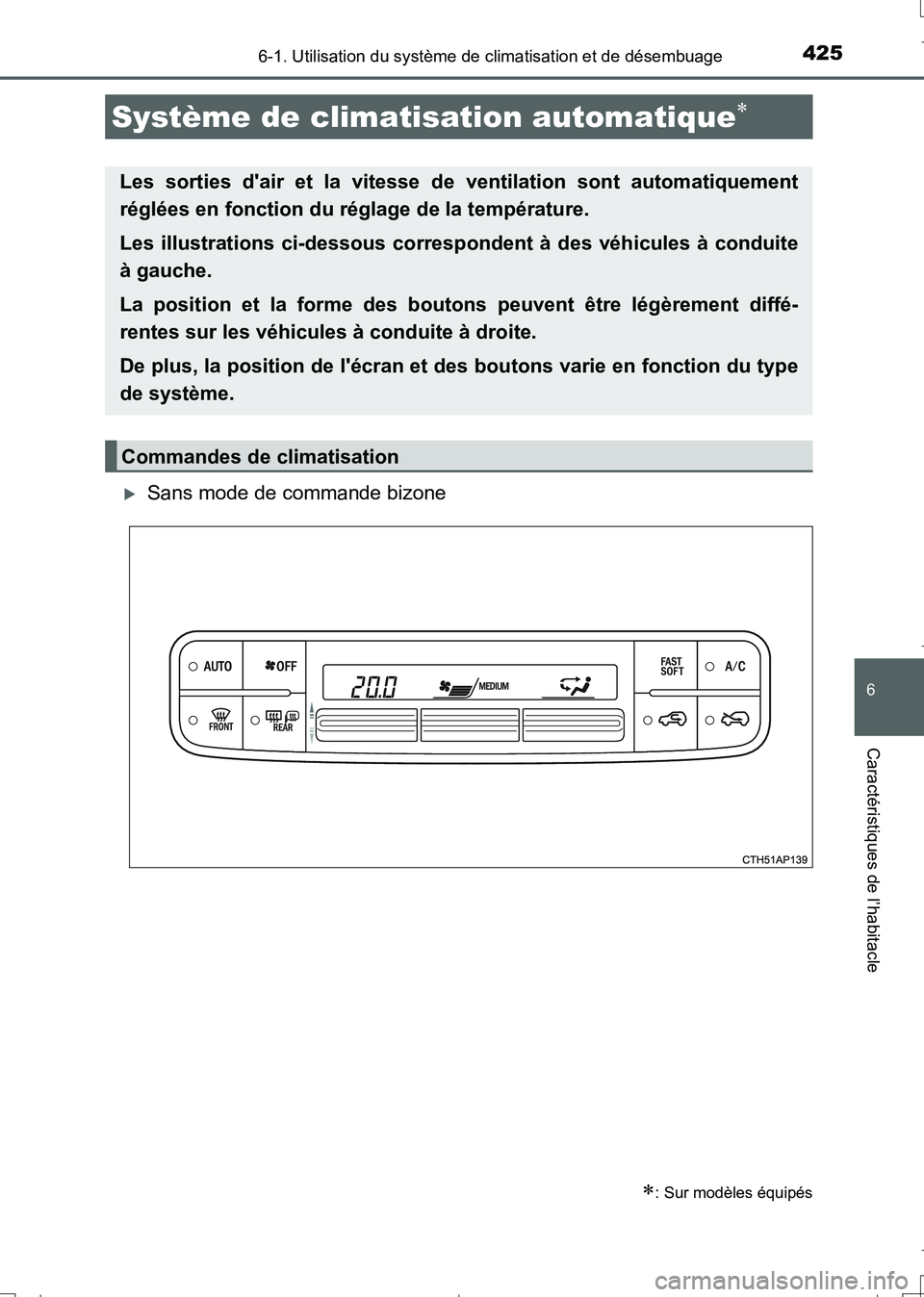 TOYOTA AURIS TOURING SPORTS 2017  Manuel du propriétaire (in French) 4256-1. Utilisation du système de climatisation et de désembuage
6
Caractéristiques de l’habitacle
UK_AURIS_Touring_Sport_EK (OM12L14K)
Sans mode de commande bizone
Système de climatisation a