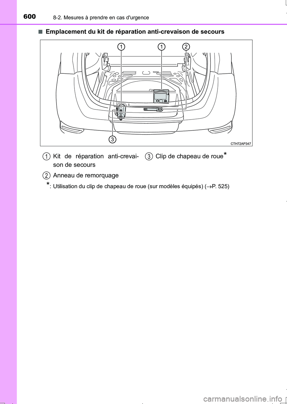 TOYOTA AURIS TOURING SPORTS 2017  Manuel du propriétaire (in French) 6008-2. Mesures à prendre en cas durgence
UK_AURIS_Touring_Sport_EK (OM12L14K)■
Emplacement du kit de réparation anti-crevaison de secours
*: Utilisation du clip de chapeau de roue (sur modèles 
