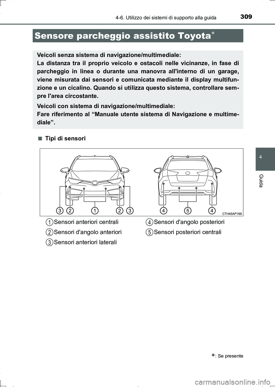 TOYOTA AURIS TOURING SPORTS 2017  Manuale duso (in Italian) 3094-6. Utilizzo dei sistemi di supporto alla guida
4
Guida
UK_AURIS_Touring_Sports_EL (OM12L17L)■
Tipi di sensori
Sensore parcheggio assistito Toyota
: Se presente
Veicoli senza sistema di na