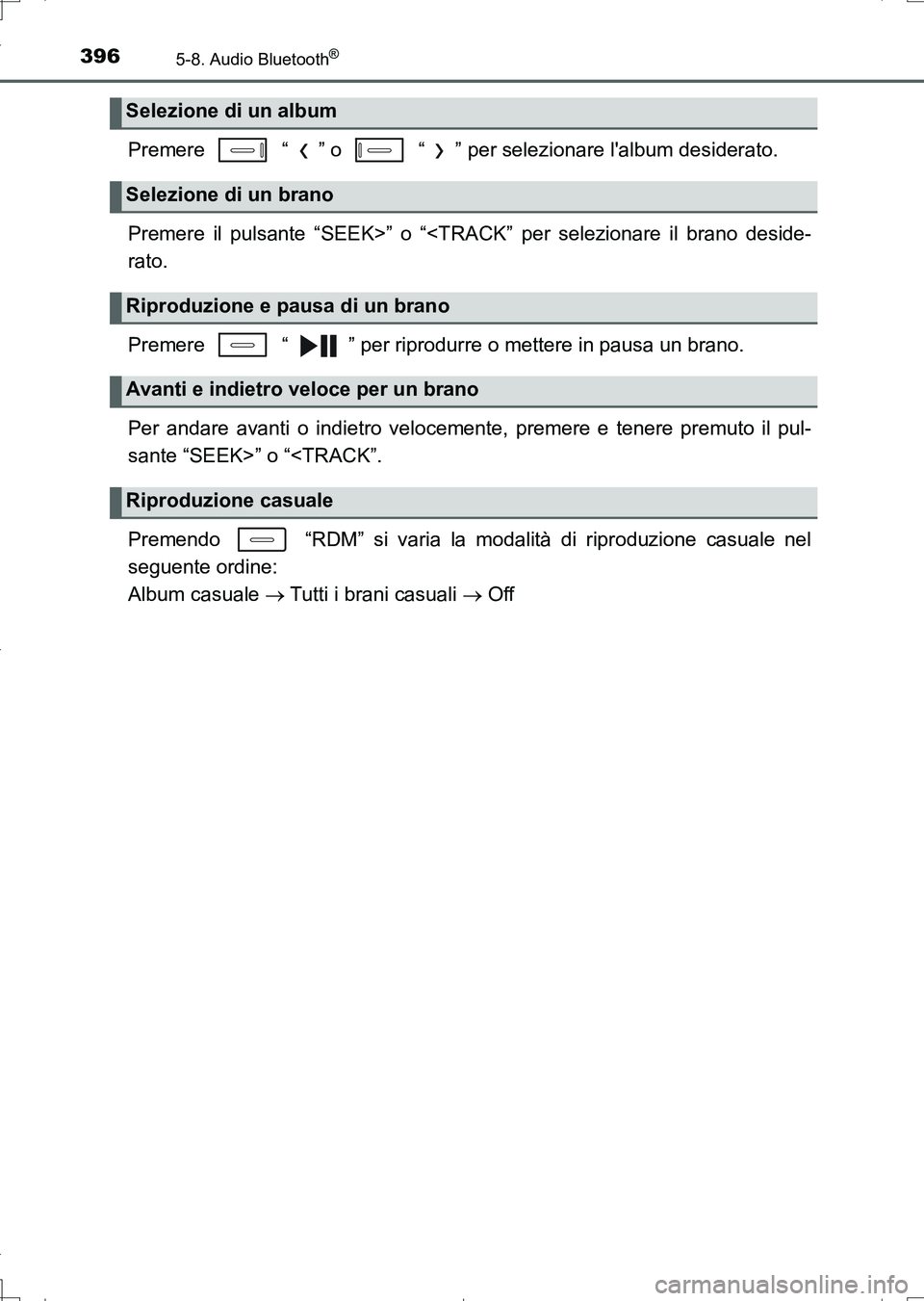 TOYOTA AURIS TOURING SPORTS 2017  Manuale duso (in Italian) 3965-8. Audio Bluetooth®
UK_AURIS_Touring_Sports_EL (OM12L17L)
Premere   “ ” o   “ ” per selezionare lalbum desiderato.
Premere il pulsante “SEEK>” o “<TRACK” per selezionare il bran