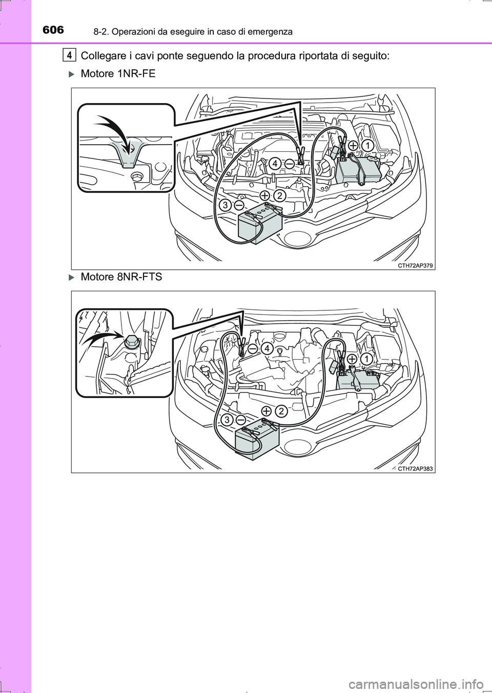 TOYOTA AURIS TOURING SPORTS 2017  Manuale duso (in Italian) 6068-2. Operazioni da eseguire in caso di emergenza
UK_AURIS_Touring_Sports_EL (OM12L17L)
Collegare i cavi ponte seguendo la procedura riportata di seguito:
Motore 1NR-FE
Motore 8NR-FTS
4
AURIS 