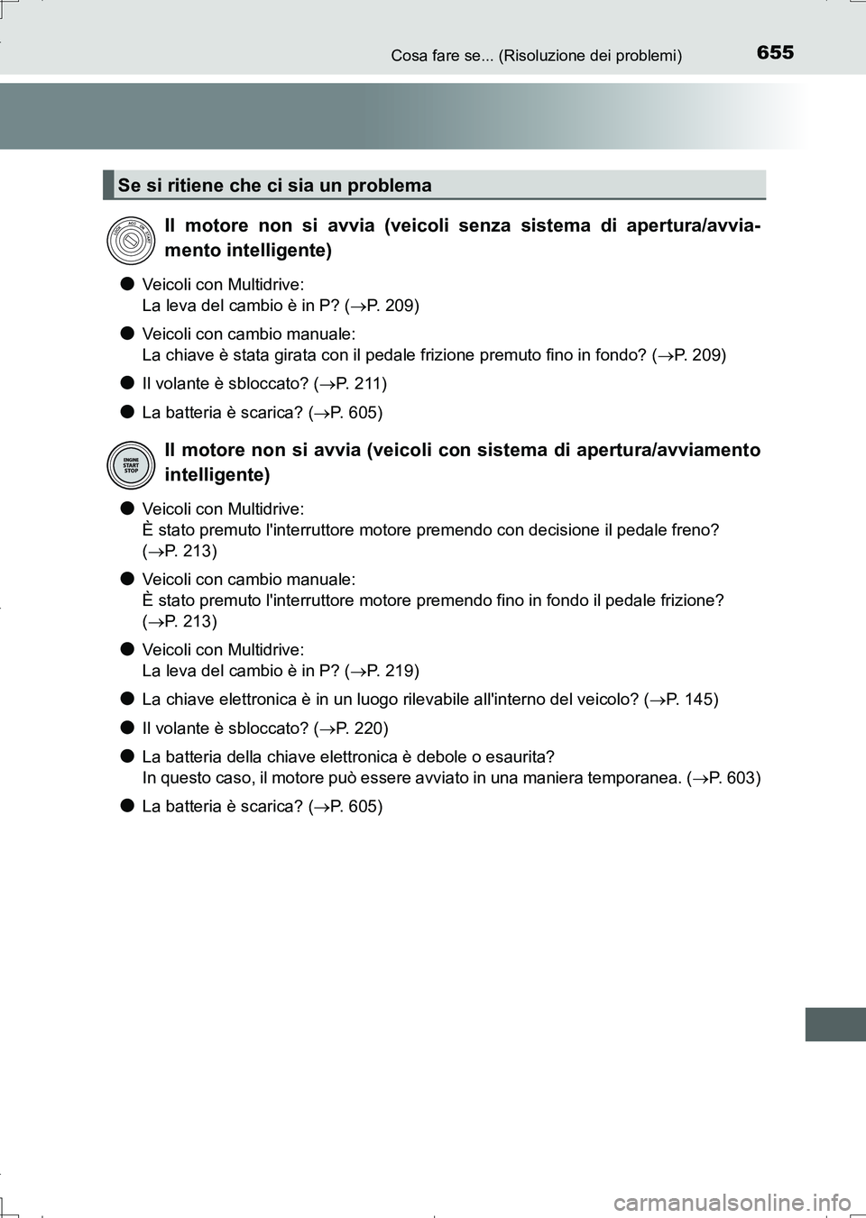 TOYOTA AURIS TOURING SPORTS 2017 Manuale duso (in Italian) 655Cosa fare se... (Risoluzione dei problemi)
UK_AURIS_Touring_Sports_EL (OM12L17L)
●Veicoli con Multidrive:
La leva del cambio è in P? (P. 2 0 9 )
●Veicoli con cambio manuale:
La chiave è s TOYOTA AURIS TOURING SPORTS 2017 Manuale duso (in Italian) 655Cosa fare se... (Risoluzione dei problemi)
UK_AURIS_Touring_Sports_EL (OM12L17L)
●Veicoli con Multidrive:
La leva del cambio è in P? (P. 2 0 9 )
●Veicoli con cambio manuale:
La chiave è s
