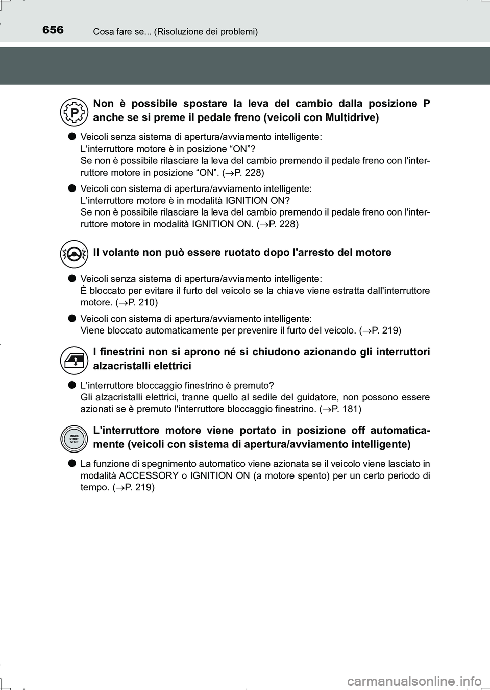 TOYOTA AURIS TOURING SPORTS 2017 Manuale duso (in Italian) 656Cosa fare se... (Risoluzione dei problemi)
UK_AURIS_Touring_Sports_EL (OM12L17L)
●Veicoli senza sistema di apertura/avviamento intelligente:
Linterruttore motore è in posizione “ON”?
Se no TOYOTA AURIS TOURING SPORTS 2017 Manuale duso (in Italian) 656Cosa fare se... (Risoluzione dei problemi)
UK_AURIS_Touring_Sports_EL (OM12L17L)
●Veicoli senza sistema di apertura/avviamento intelligente:
Linterruttore motore è in posizione “ON”?
Se no