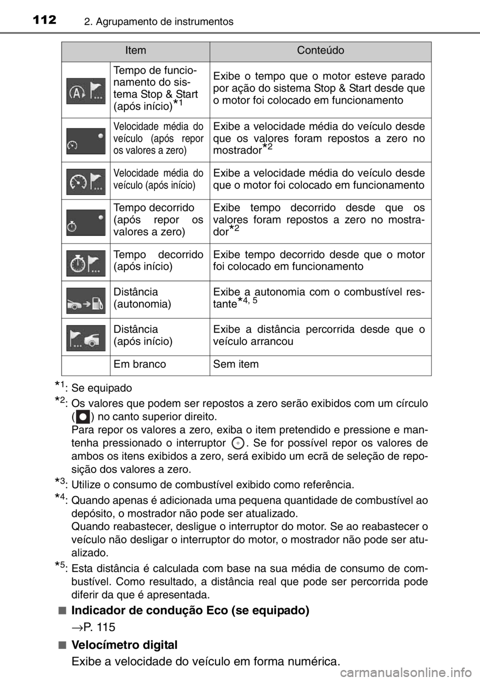 TOYOTA AURIS TOURING SPORTS 2017  Manual de utilização (in Portuguese) 1122. Agrupamento de instrumentos
*1: Se equipado
*2: Os valores que podem ser repostos a zero serão exibidos com um círculo
( ) no canto superior direito. 
Para repor os valores a zero, exiba o ite