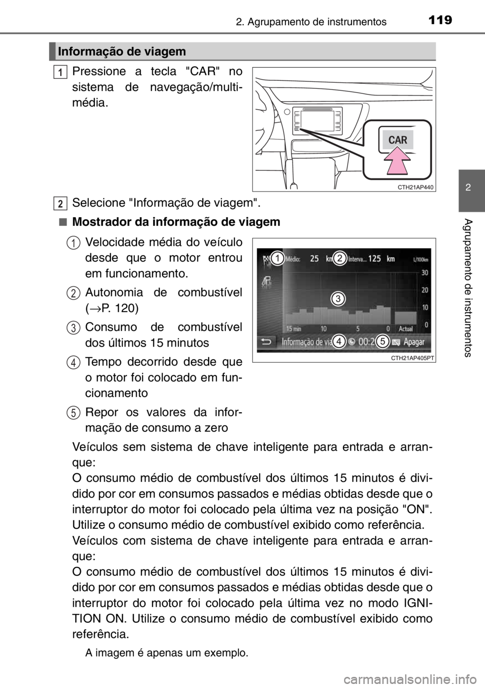 TOYOTA AURIS TOURING SPORTS 2017  Manual de utilização (in Portuguese) 1192. Agrupamento de instrumentos
2
Agrupamento de instrumentos
Pressione a tecla "CAR" no
sistema de navegação/multi-
média.
Selecione "Informação de viagem".
■Mostrador da inf