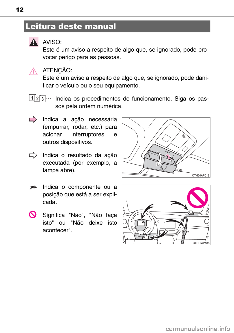 TOYOTA AURIS TOURING SPORTS 2017  Manual de utilização (in Portuguese) 12
AVISO: 
Este é um aviso a respeito de algo que, se ignorado, pode pro-
vocar perigo para as pessoas.
ATENÇÃO: 
Este é um aviso a respeito de algo que, se ignorado, pode dani-
ficar o veículo o