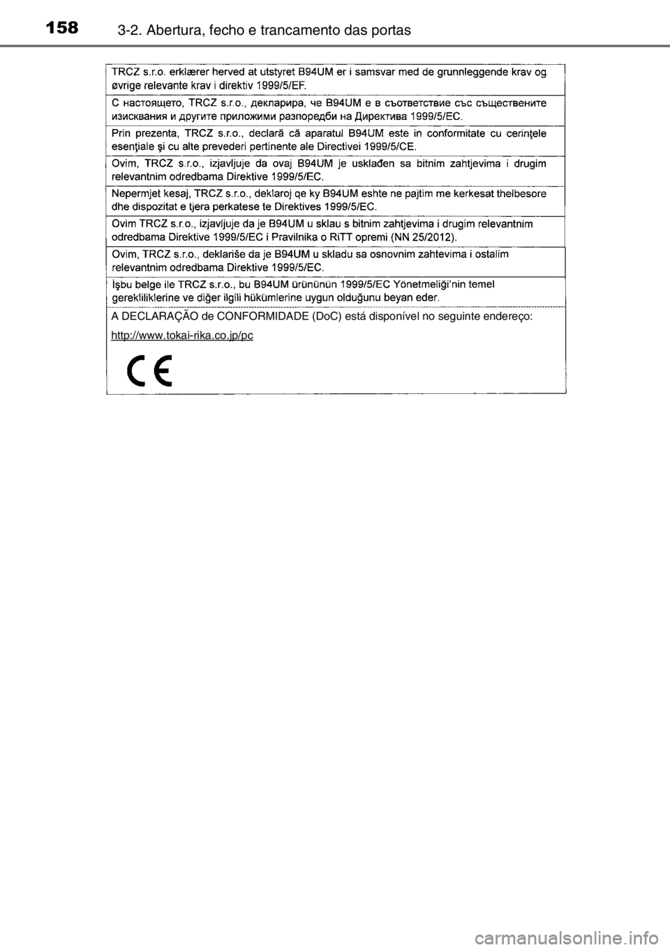 TOYOTA AURIS TOURING SPORTS 2017  Manual de utilização (in Portuguese) 1583-2. Abertura, fecho e trancamento das portas
A DECLARAÇÃO de CONFORMIDADE (DoC) está disponível no seguinte endereço:
http://www.tokai-rika.co.jp/pc 