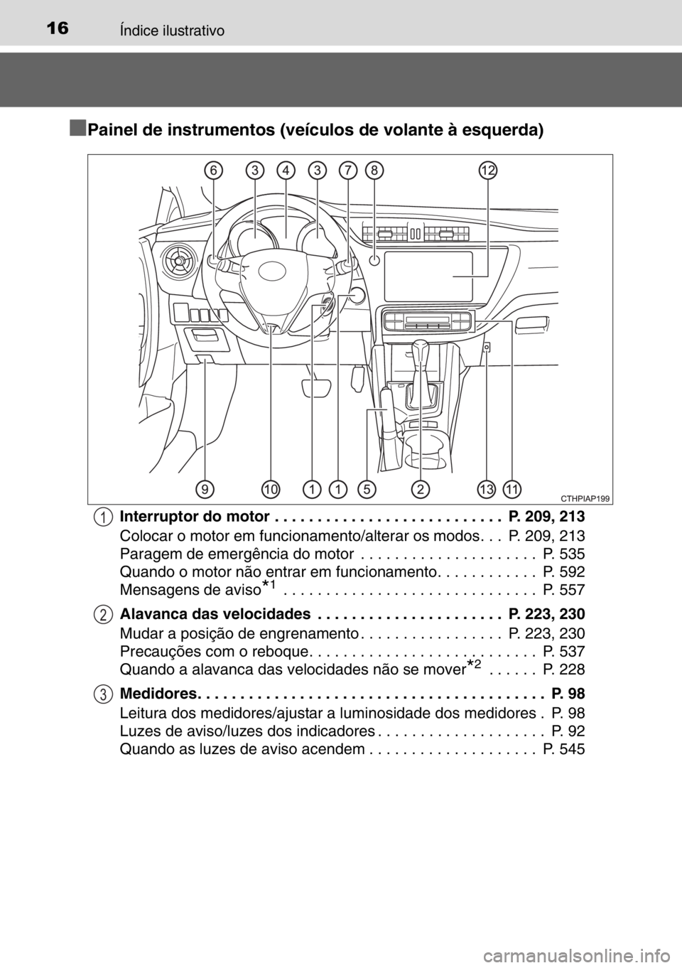 TOYOTA AURIS TOURING SPORTS 2017  Manual de utilização (in Portuguese) 16Índice ilustrativo
■
■■ ■Painel de instrumentos (veículos de volante à esquerda)
Interruptor do motor . . . . . . . . . . . . . . . . . . . . . . . . . . .  P. 209, 213
Colocar o motor em