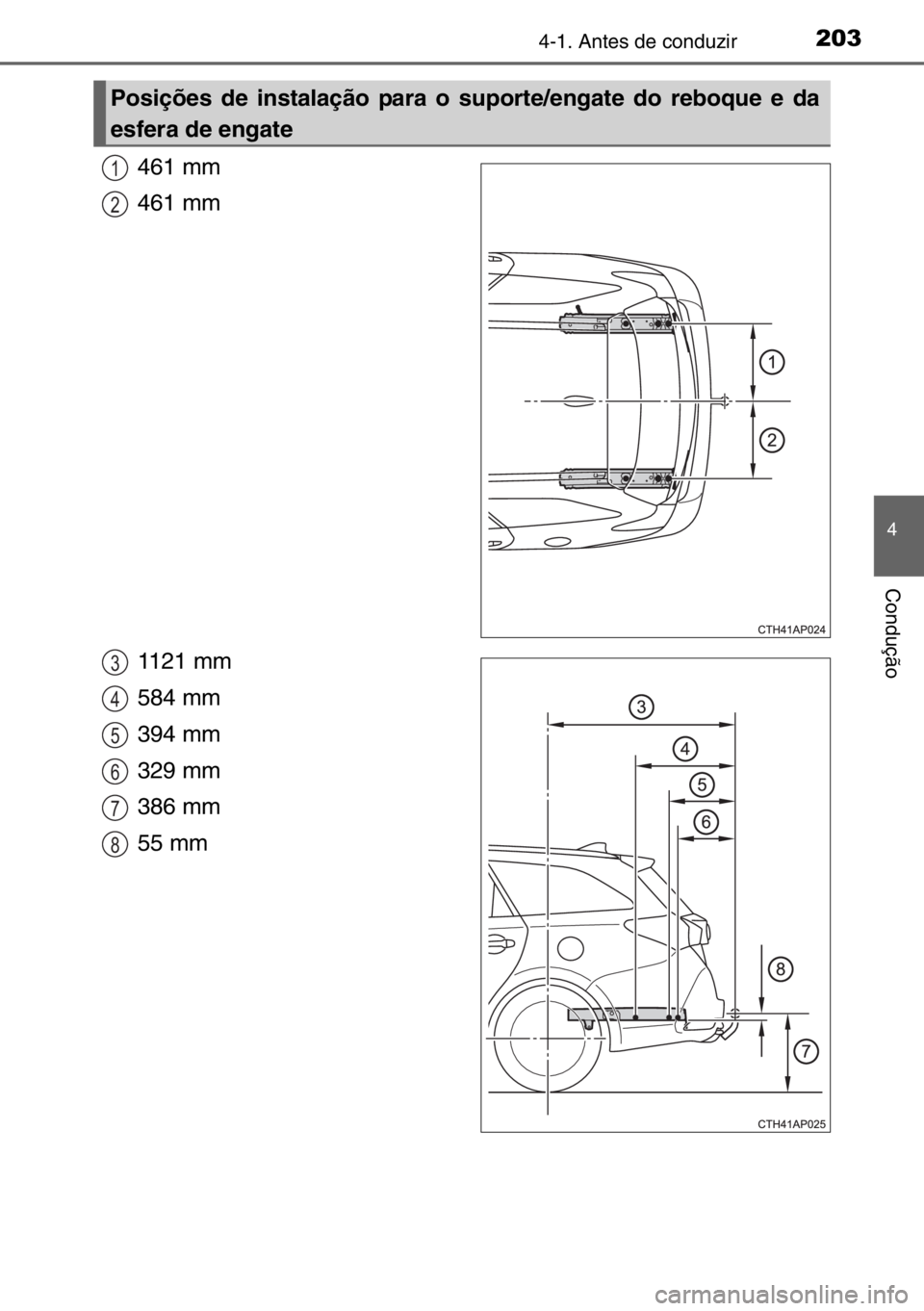 TOYOTA AURIS TOURING SPORTS 2017  Manual de utilização (in Portuguese) 2034-1. Antes de conduzir
4
Condução
461 mm
461 mm 
1121 mm
584 mm 
394 mm 
329 mm 
386 mm
55 mm 
Posições de instalação para o suporte/engate do reboque e da
esfera de engate
1
2
3
4
5
6
7
8 