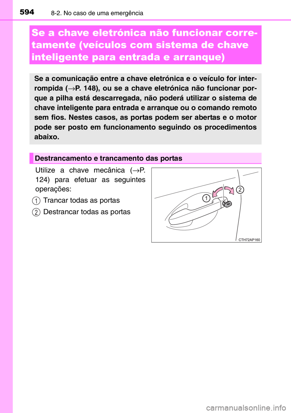 TOYOTA AURIS TOURING SPORTS 2017  Manual de utilização (in Portuguese) 5948-2. No caso de uma emergência
Utilize a chave mecânica (→P.
124) para efetuar as seguintes
operações:
Trancar todas as portas
Destrancar todas as portas
Se a chave eletrónica não funcionar