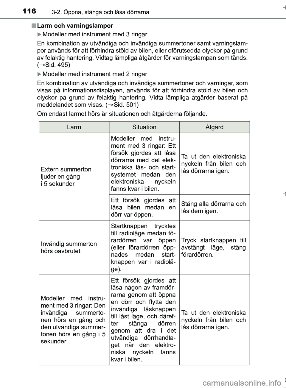 TOYOTA AURIS TOURING SPORTS 2017 Bruksanvisningar (in Swedish) 1163-2. Öppna, stänga och låsa dörrarna
OM12L13SEn
Larm och varningslampor
Modeller med instrument med 3 ringar
En kombination av utvändiga och invändiga summertoner samt varning\
slam-
por a TOYOTA AURIS TOURING SPORTS 2017 Bruksanvisningar (in Swedish) 1163-2. Öppna, stänga och låsa dörrarna
OM12L13SEn
Larm och varningslampor
Modeller med instrument med 3 ringar
En kombination av utvändiga och invändiga summertoner samt varning\
slam-
por a