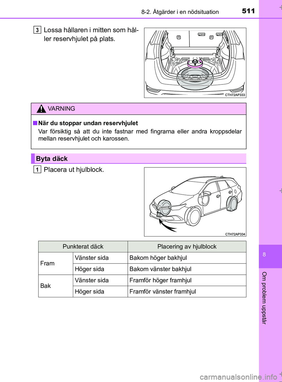 TOYOTA AURIS TOURING SPORTS 2017  Bruksanvisningar (in Swedish) 5118-2. Åtgärder i en nödsituation
OM12L13SE
8
Om problem uppstår
Lossa hållaren i mitten som hål-
ler reservhjulet på plats.
Placera ut hjulblock.3
VA R N I N G
nNär du stoppar undan reservhj