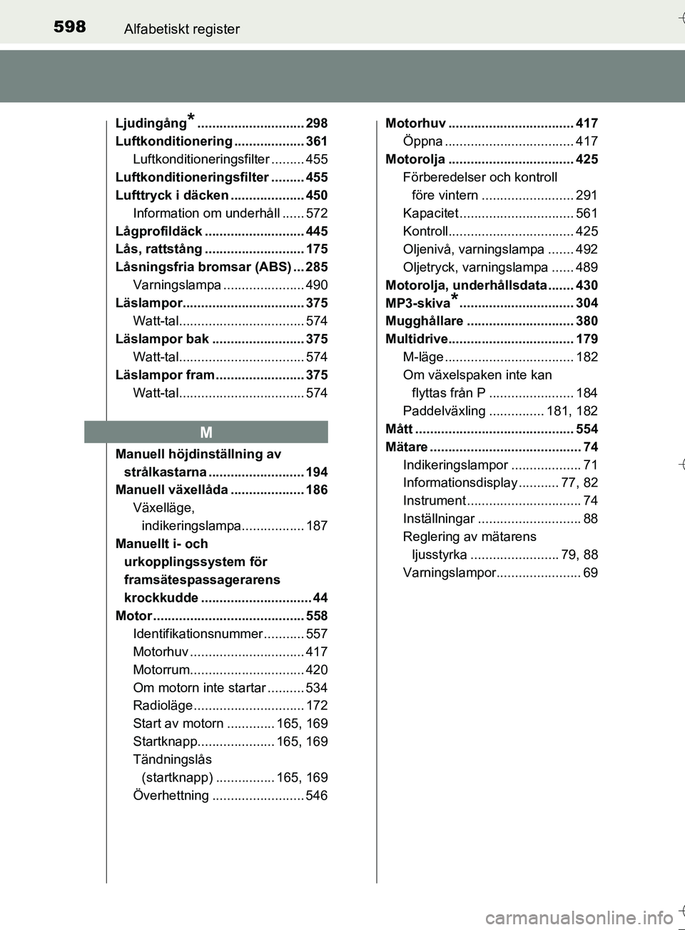 TOYOTA AURIS TOURING SPORTS 2017 Bruksanvisningar (in Swedish) 598Alfabetiskt register
OM12L13SE
Ljudingång*............................. 298
Luftkonditionering ................... 361
Luftkonditioneringsfilter ......... 455
Luftkonditioneringsfilter ......... 4 TOYOTA AURIS TOURING SPORTS 2017 Bruksanvisningar (in Swedish) 598Alfabetiskt register
OM12L13SE
Ljudingång*............................. 298
Luftkonditionering ................... 361
Luftkonditioneringsfilter ......... 455
Luftkonditioneringsfilter ......... 4