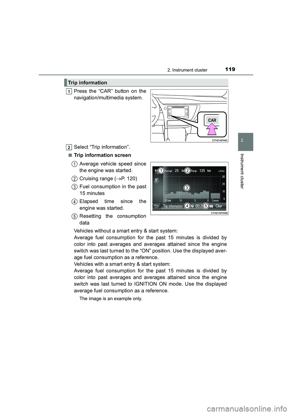 TOYOTA AURIS TOURING SPORTS 2016 Owners Manual 1192. Instrument cluster
AURIS Touring Sports_EE (12K53E)
2
Instrument cluster
Press the “CAR” button on the
navigation/multimedia system.
Select “Trip information”.
■Trip information screen TOYOTA AURIS TOURING SPORTS 2016 Owners Manual 1192. Instrument cluster
AURIS Touring Sports_EE (12K53E)
2
Instrument cluster
Press the “CAR” button on the
navigation/multimedia system.
Select “Trip information”.
■Trip information screen