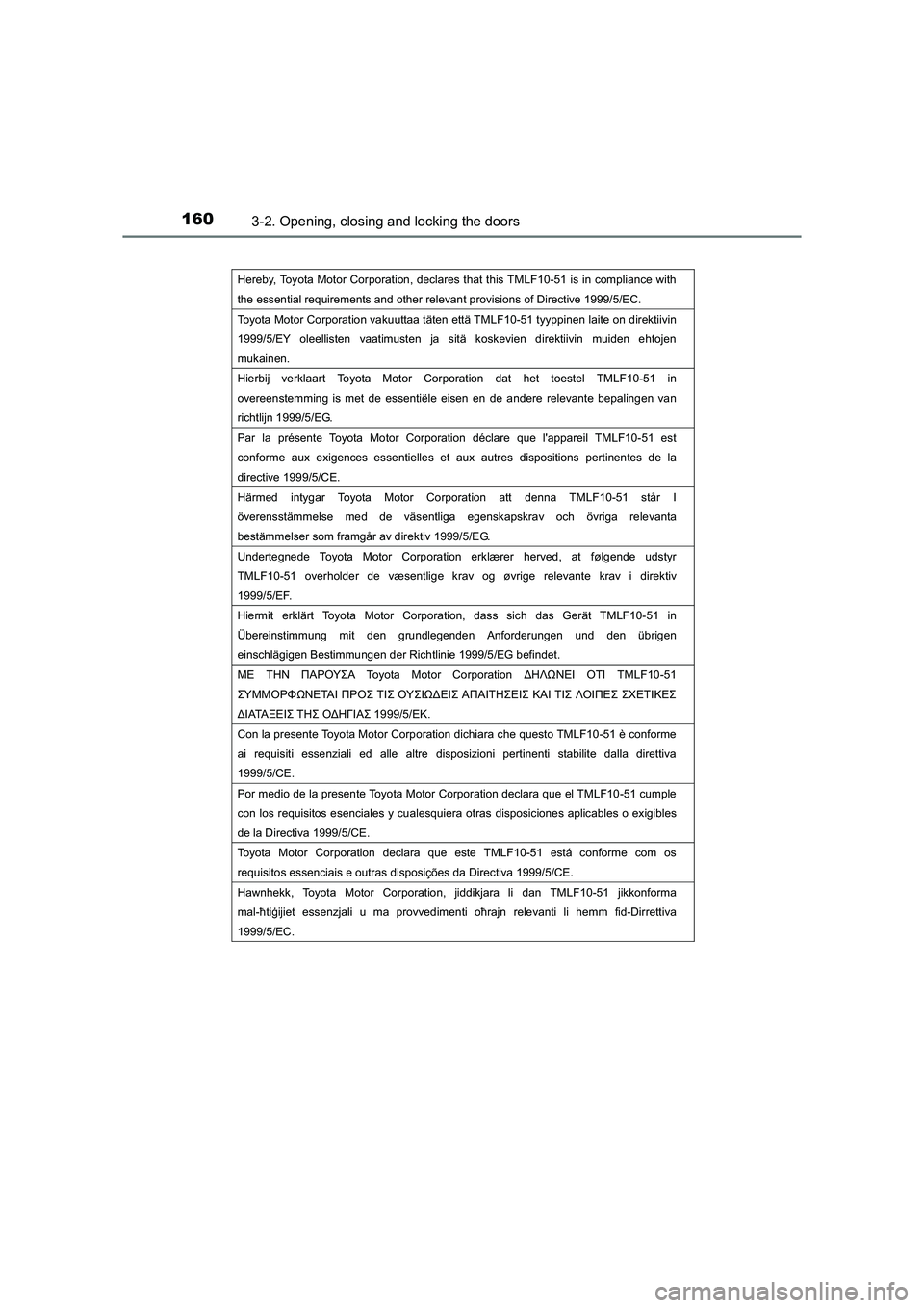 TOYOTA AURIS TOURING SPORTS 2016 Owners Manual 1603-2. Opening, closing and locking the doors
AURIS Touring Sports_EE (12K53E)
Hereby, Toyota Motor Corporation, declares that this TMLF10-51 is in compliance with
the essential requirements and oth TOYOTA AURIS TOURING SPORTS 2016 Owners Manual 1603-2. Opening, closing and locking the doors
AURIS Touring Sports_EE (12K53E)
Hereby, Toyota Motor Corporation, declares that this TMLF10-51 is in compliance with
the essential requirements and oth