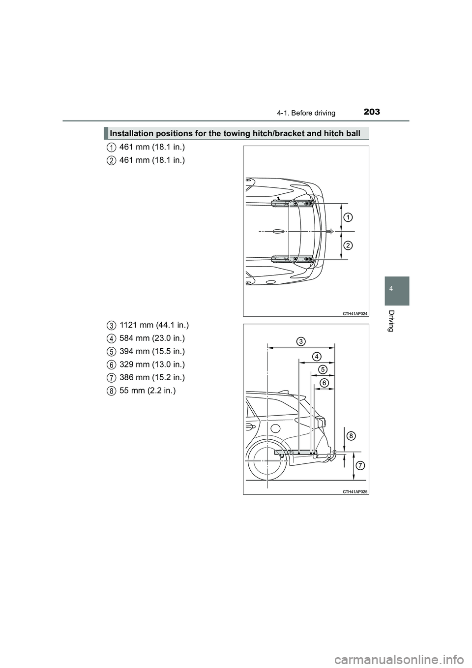 TOYOTA AURIS TOURING SPORTS 2016  Owners Manual 2034-1. Before driving
AURIS Touring Sports_EE (12K53E)
4
Driving
461 mm (18.1 in.)
461 mm (18.1 in.)
1121 mm (44.1 in.)
584 mm (23.0 in.)
394 mm (15.5 in.)
329 mm (13.0 in.)
386 mm (15.2 in.)
55 mm (