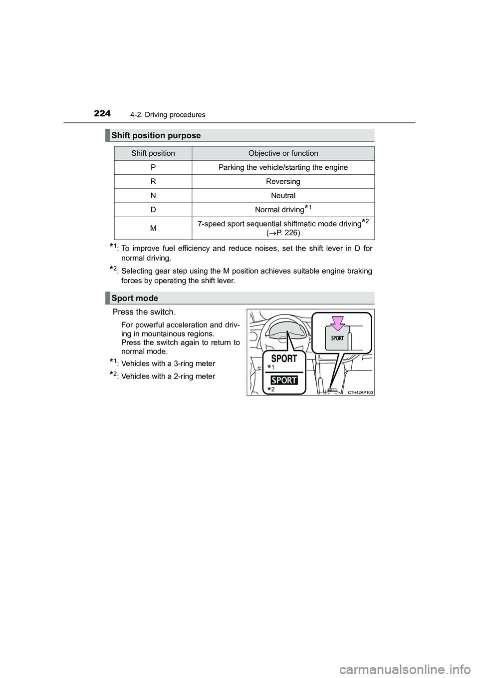 TOYOTA AURIS TOURING SPORTS 2016  Owners Manual 2244-2. Driving procedures
AURIS Touring Sports_EE (12K53E)
*1: To improve fuel efficiency and reduce noises, set the shift lever in D fornormal driving.
*2: Selecting gear step using the M posit ion 