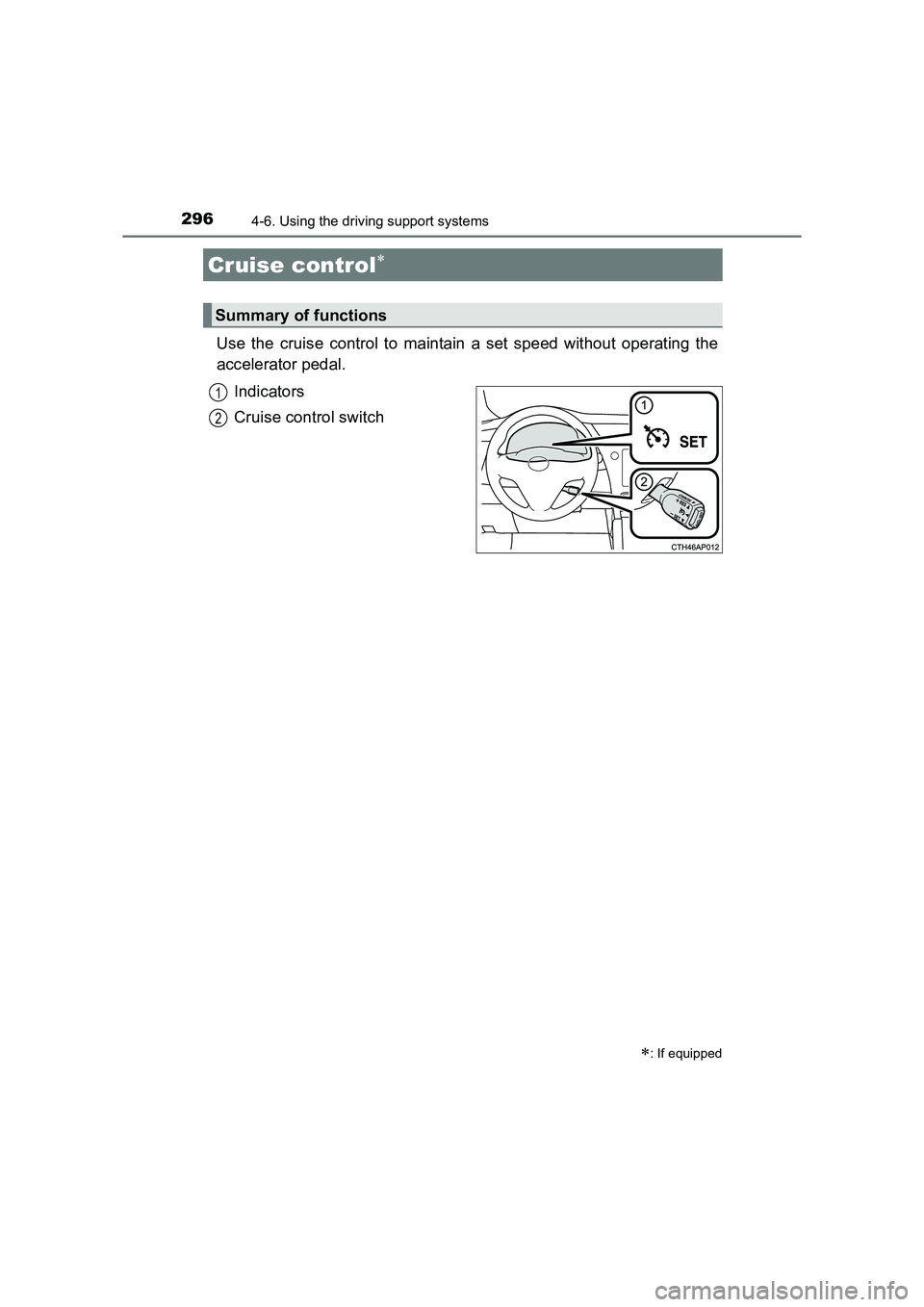 TOYOTA AURIS TOURING SPORTS 2016  Owners Manual 2964-6. Using the driving support systems
AURIS Touring Sports_EE (12K53E)
Use the cruise control to maintain a set speed without operating the
accelerator pedal. Indicators
Cruise control switch
Crui