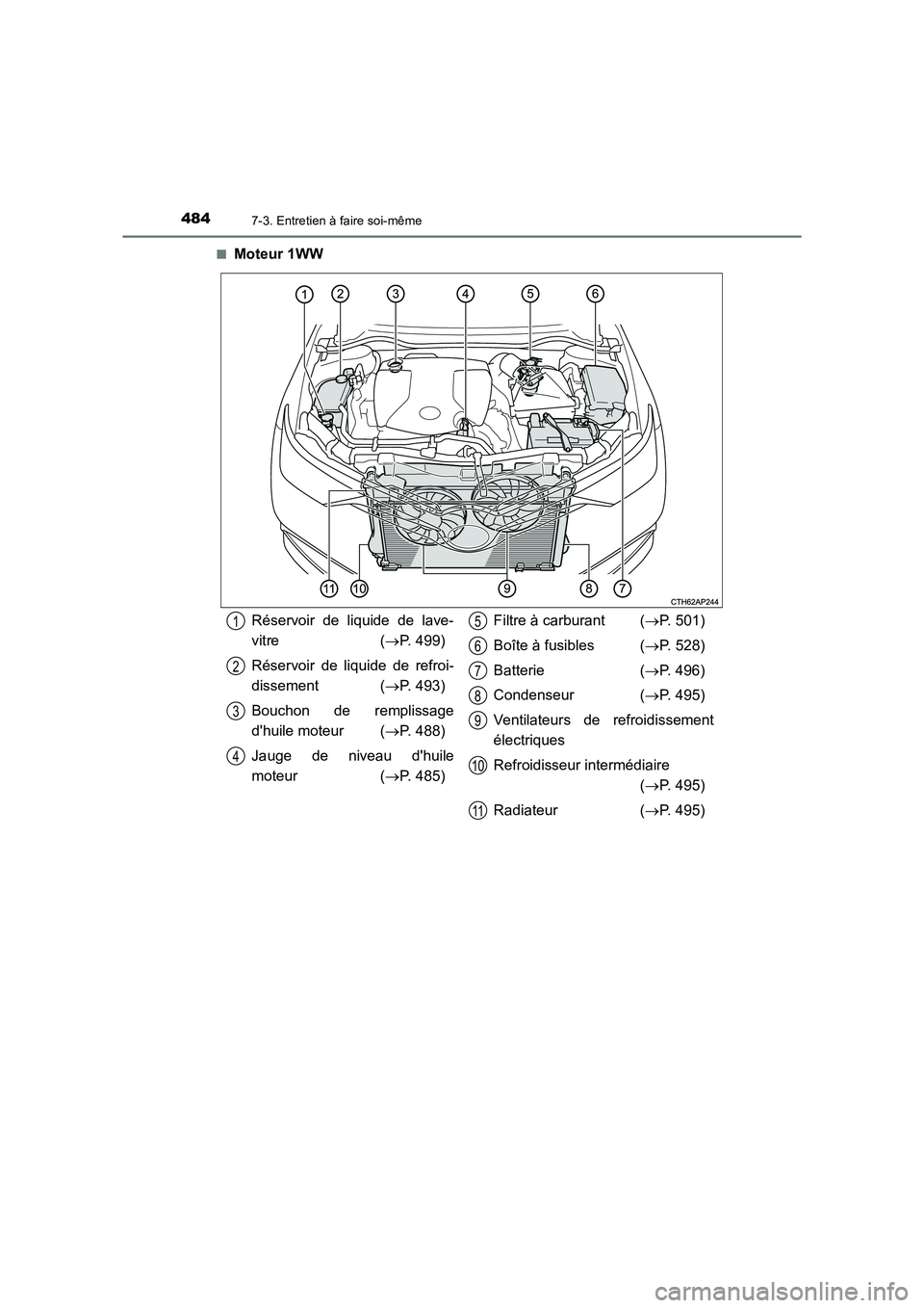 TOYOTA AURIS TOURING SPORTS 2016  Manuel du propriétaire (in French) 4847-3. Entretien à faire soi-même
UK_AURIS_Touring_Sport_EK (OM12K54K)■
Moteur 1WW
Réservoir de liquide de lave-
vitre (
→P. 499)
Réservoir de liquide de refroi-
dissement ( →P. 493)
Boucho