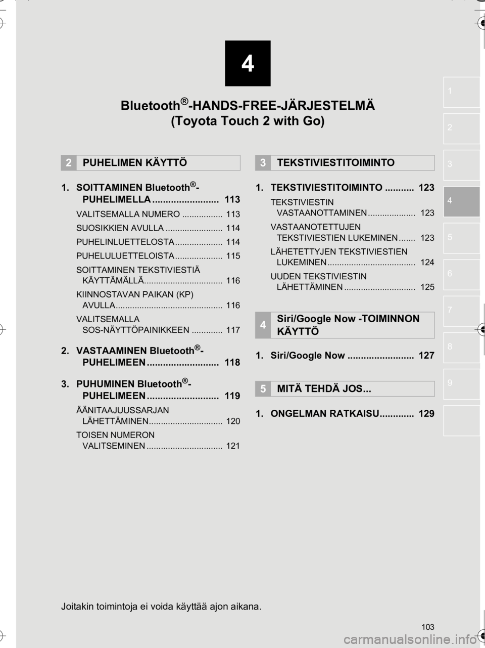 TOYOTA AURIS TOURING SPORTS 2016  Omistajan Käsikirja (in Finnish) 4
103
OM12K67FI
1
2
5
6
7
8
9
3
4
1. SOITTAMINEN Bluetooth®-
PUHELIMELLA .........................  113
VALITSEMALLA NUMERO .................  113
SUOSIKKIEN AVULLA ........................  114
PUHE