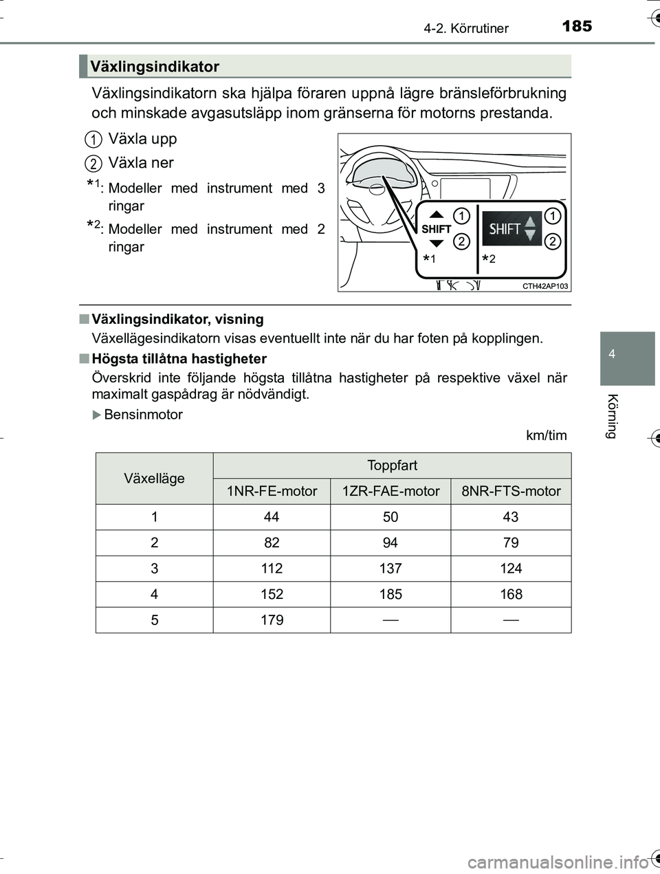 TOYOTA AURIS TOURING SPORTS 2016  Bruksanvisningar (in Swedish) 1854-2. Körrutiner
OM12K53SE
4
Körning
Växlingsindikatorn ska hjälpa föraren uppnå lägre bränsleförbrukning
och minskade avgasutsläpp inom gränserna för motorns prestanda.Växla upp
Växla