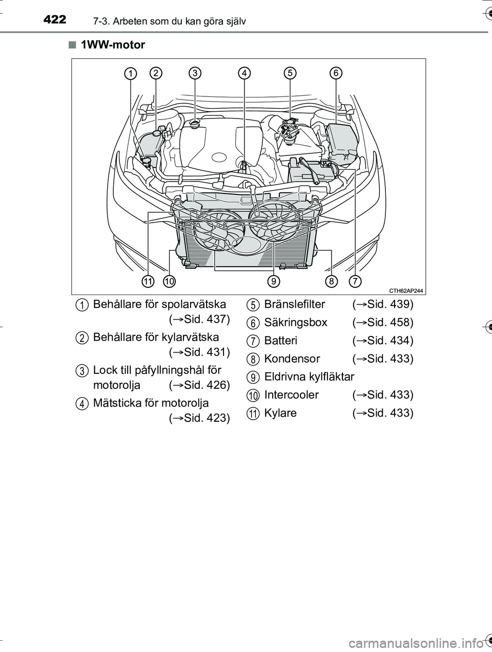TOYOTA AURIS TOURING SPORTS 2016  Bruksanvisningar (in Swedish) 4227-3. Arbeten som du kan göra själv
OM12K53SEn
1WW-motor
Behållare för spolarvätska
 ( Sid. 437)
Behållare för kylarvätska  ( Sid. 431)
Lock till påfy llningshål för 
motorolja ( 