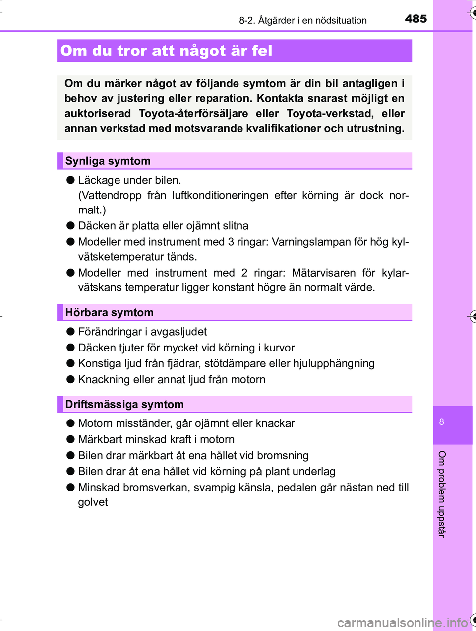 TOYOTA AURIS TOURING SPORTS 2016 Bruksanvisningar (in Swedish) 4858-2. Åtgärder i en nödsituation
OM12K53SE
8
Om problem uppstår
lLäckage under bilen.
(Vattendropp från luftkonditioneringen efter körning är dock nor-
malt.)
l Däcken är platta eller ojä TOYOTA AURIS TOURING SPORTS 2016 Bruksanvisningar (in Swedish) 4858-2. Åtgärder i en nödsituation
OM12K53SE
8
Om problem uppstår
lLäckage under bilen.
(Vattendropp från luftkonditioneringen efter körning är dock nor-
malt.)
l Däcken är platta eller ojä