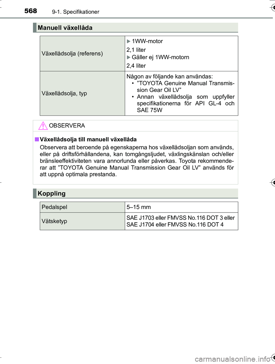 TOYOTA AURIS TOURING SPORTS 2016  Bruksanvisningar (in Swedish) 5689-1. Specifikationer
OM12K53SE
Manuell växellåda
Växellådsolja (referens)
1WW-motor
2,1 liter
Gäller ej 1WW-motorn
2,4 liter
Växellådsolja, typ Någon av följande kan användas:
• 