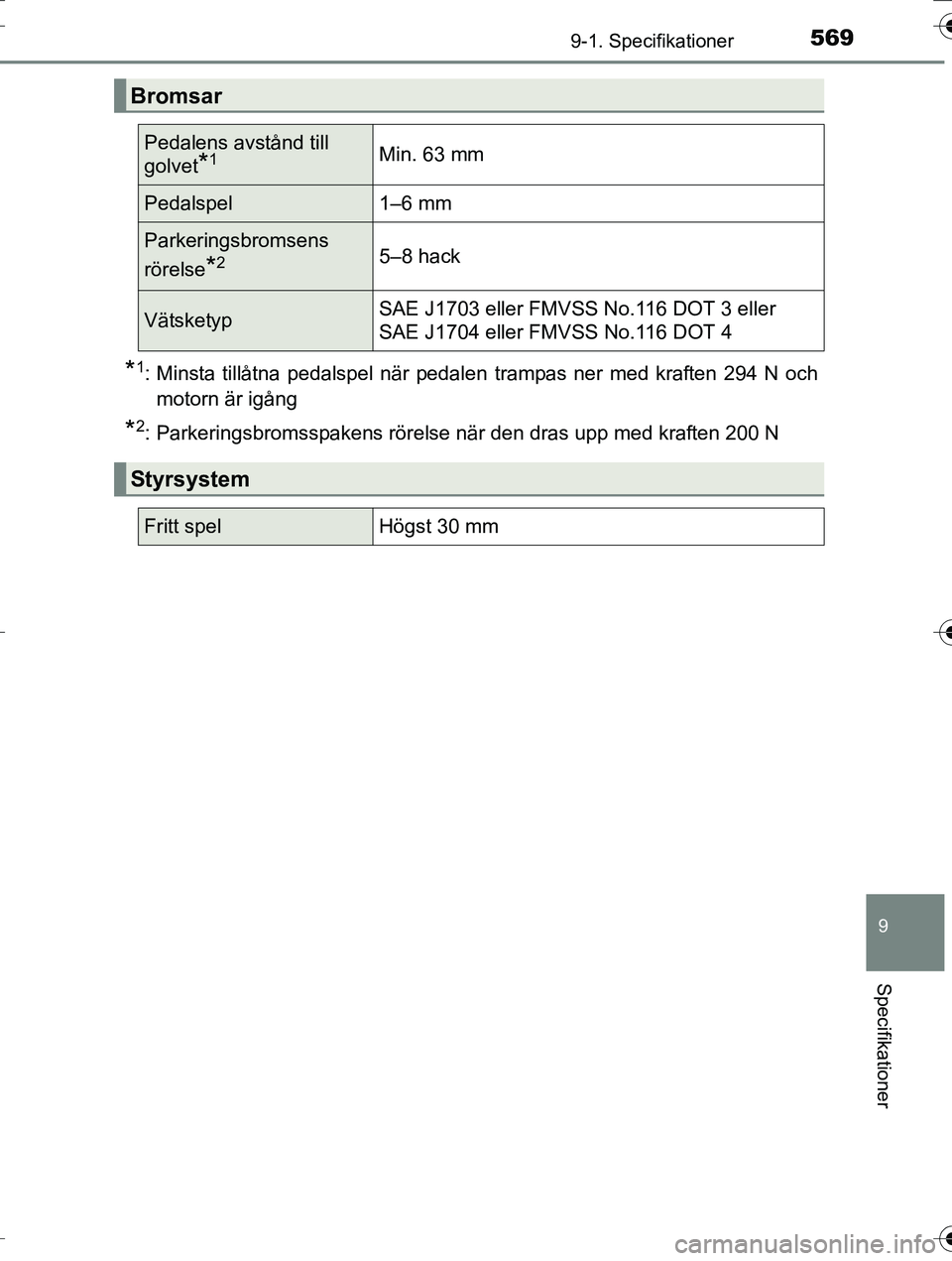 TOYOTA AURIS TOURING SPORTS 2016  Bruksanvisningar (in Swedish) 5699-1. Specifikationer
OM12K53SE
9
Specifikationer
*1: Minsta tillåtna pedalspel när pedalen trampas ner med kraften 294 N ochmotorn är igång
*2: Parkeringsbromsspakens rörelse när den dras upp