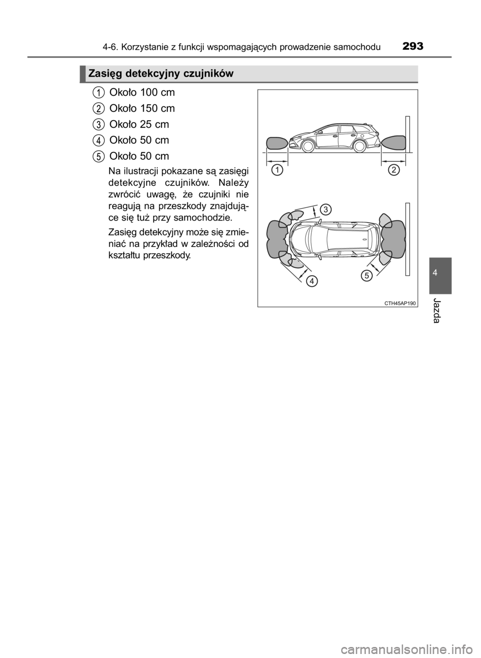 TOYOTA AURIS TOURING SPORTS 2015  Instrukcja obsługi (in Polish) Oko∏o 100 cm
Oko∏o 150 cm
Oko∏o 25 cm
Oko∏o 50 cm
Oko∏o 50 cm
Na ilustracji pokazane sà zasi´gi
detekcyjne  czujników.  Nale˝y
zwróciç  uwag´,  ˝e  czujniki  nie 
reagujà  na  przes