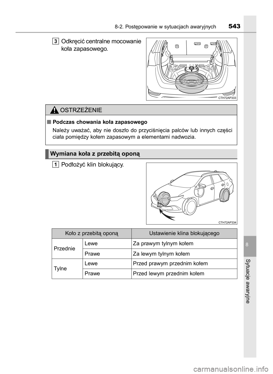 TOYOTA AURIS TOURING SPORTS 2015  Instrukcja obsługi (in Polish) Odkr´ciç centralne mocowanie
ko∏a zapasowego.
Pod∏o˝yç klin blokujàcy.
1
3
8-2. Post´powanie w sytuacjach awaryjnych543
8
Sytuacje awaryjne
Podczas chowania ko∏a zapasowego
Nale˝y  uwa˝