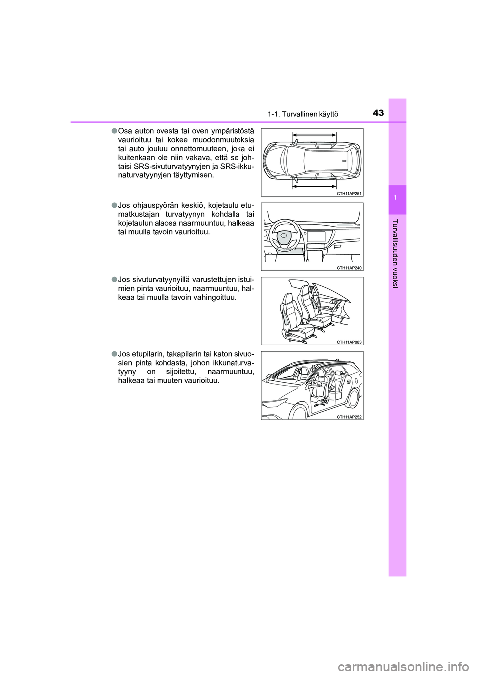 TOYOTA AURIS TOURING SPORTS 2015  Omistajan Käsikirja (in Finnish) 431-1. Turvallinen käyttö
1
Turvallisuuden vuoksi
OM12J31FIl
Osa auton ovesta tai oven ympäristöstä
vaurioituu tai kokee muodonmuutoksia
tai auto joutuu onnettomuuteen, joka ei
kuitenkaan ole nii