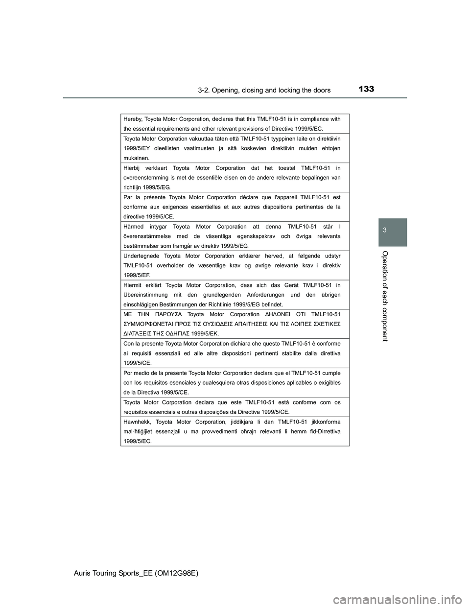 TOYOTA AURIS TOURING SPORTS 2014 Owners Manual 1333-2. Opening, closing and locking the doors
Auris Touring Sports_EE (OM12G98E)
3
Operation of each component
Hereby, Toyota Motor Corporation, declares that this TMLF10-51 is in compliance with
th TOYOTA AURIS TOURING SPORTS 2014 Owners Manual 1333-2. Opening, closing and locking the doors
Auris Touring Sports_EE (OM12G98E)
3
Operation of each component
Hereby, Toyota Motor Corporation, declares that this TMLF10-51 is in compliance with
th
