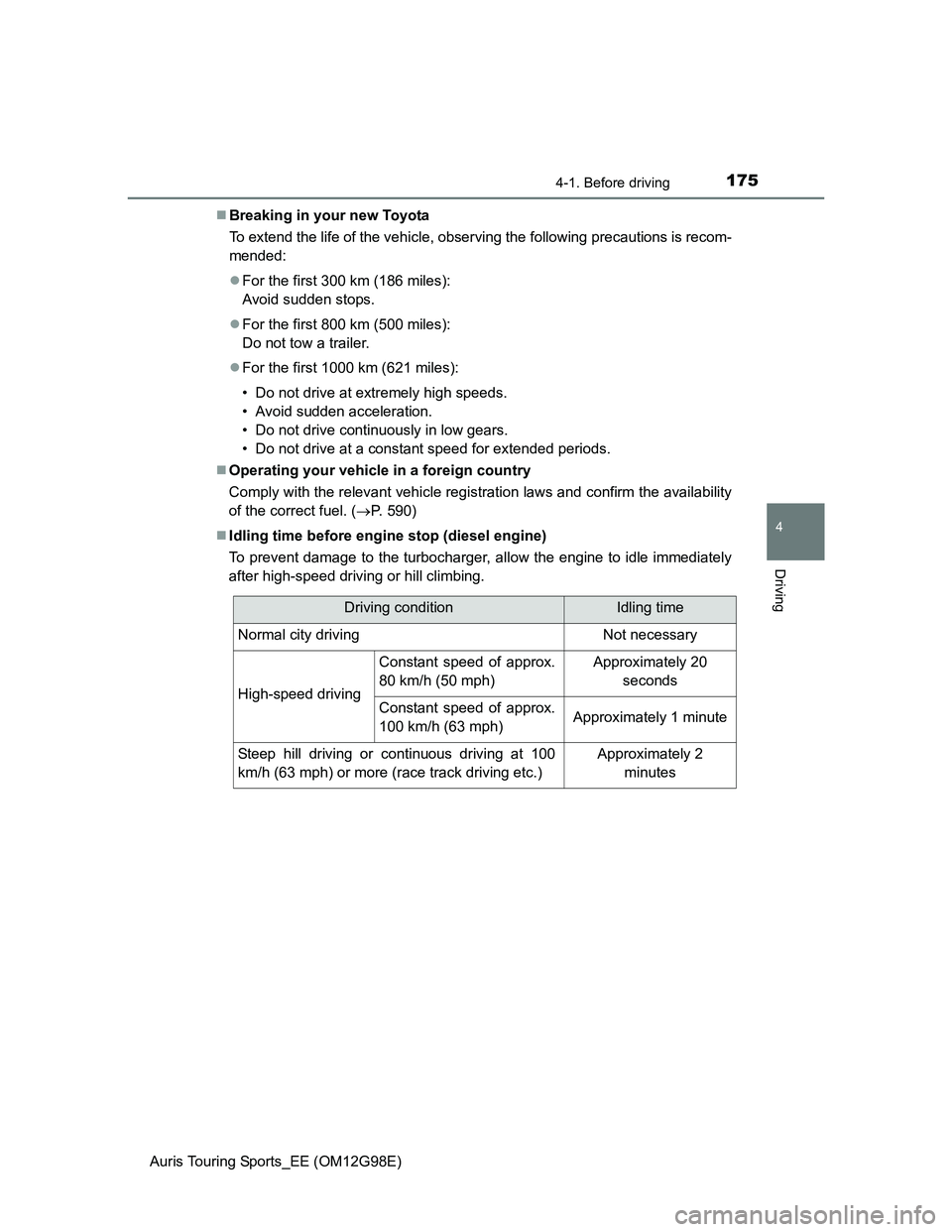TOYOTA AURIS TOURING SPORTS 2014 Owners Manual 1754-1. Before driving
Auris Touring Sports_EE (OM12G98E)
4
Driving
Breaking in your new Toyota
To extend the life of the vehicle, observing the following precautions is recom-
mended:
For the f TOYOTA AURIS TOURING SPORTS 2014 Owners Manual 1754-1. Before driving
Auris Touring Sports_EE (OM12G98E)
4
Driving
Breaking in your new Toyota
To extend the life of the vehicle, observing the following precautions is recom-
mended:
For the f