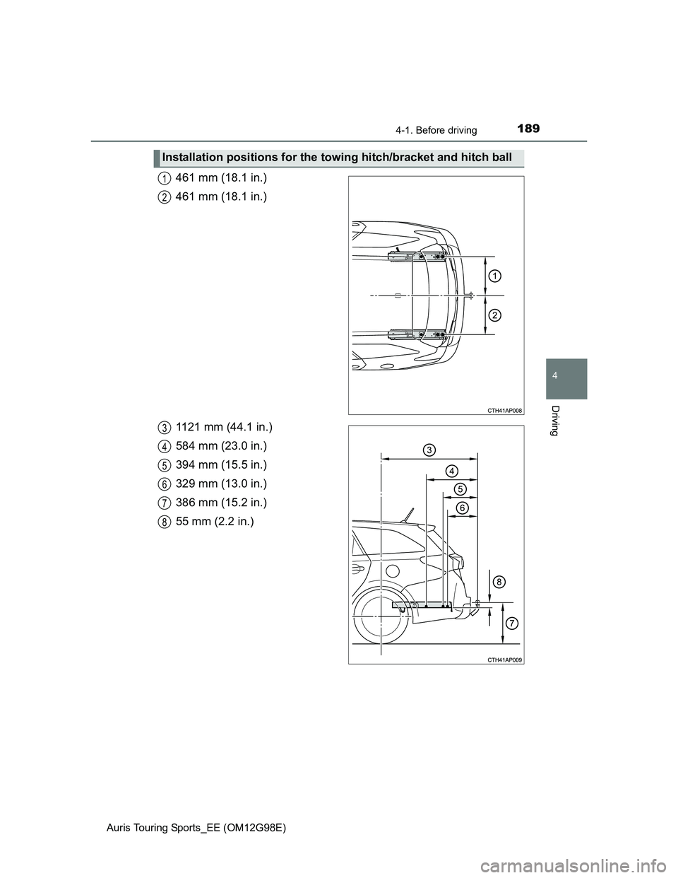 TOYOTA AURIS TOURING SPORTS 2014  Owners Manual 1894-1. Before driving
Auris Touring Sports_EE (OM12G98E)
4
Driving
461 mm (18.1 in.)
461 mm (18.1 in.)
1121 mm (44.1 in.)
584 mm (23.0 in.)
394 mm (15.5 in.)
329 mm (13.0 in.)
386 mm (15.2 in.)
55 mm