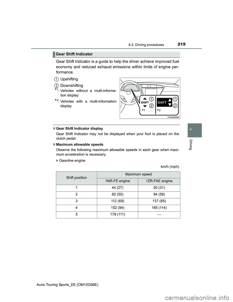 TOYOTA AURIS TOURING SPORTS 2014  Owners Manual 2154-2. Driving procedures
Auris Touring Sports_EE (OM12G98E)
4
Driving
Gear Shift Indicator is a guide to help the driver achieve improved fuel
economy and reduced exhaust emissions within limits of 