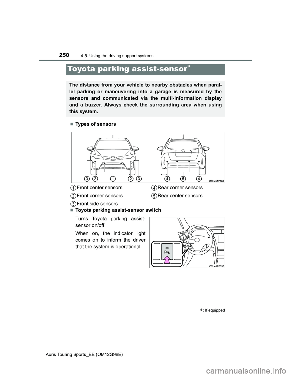 TOYOTA AURIS TOURING SPORTS 2014  Owners Manual 2504-5. Using the driving support systems
Auris Touring Sports_EE (OM12G98E)
Types of sensors
Toyota parking assist-sensor switch
Turns Toyota parking assist-
sensor on/off
When on, the indicato