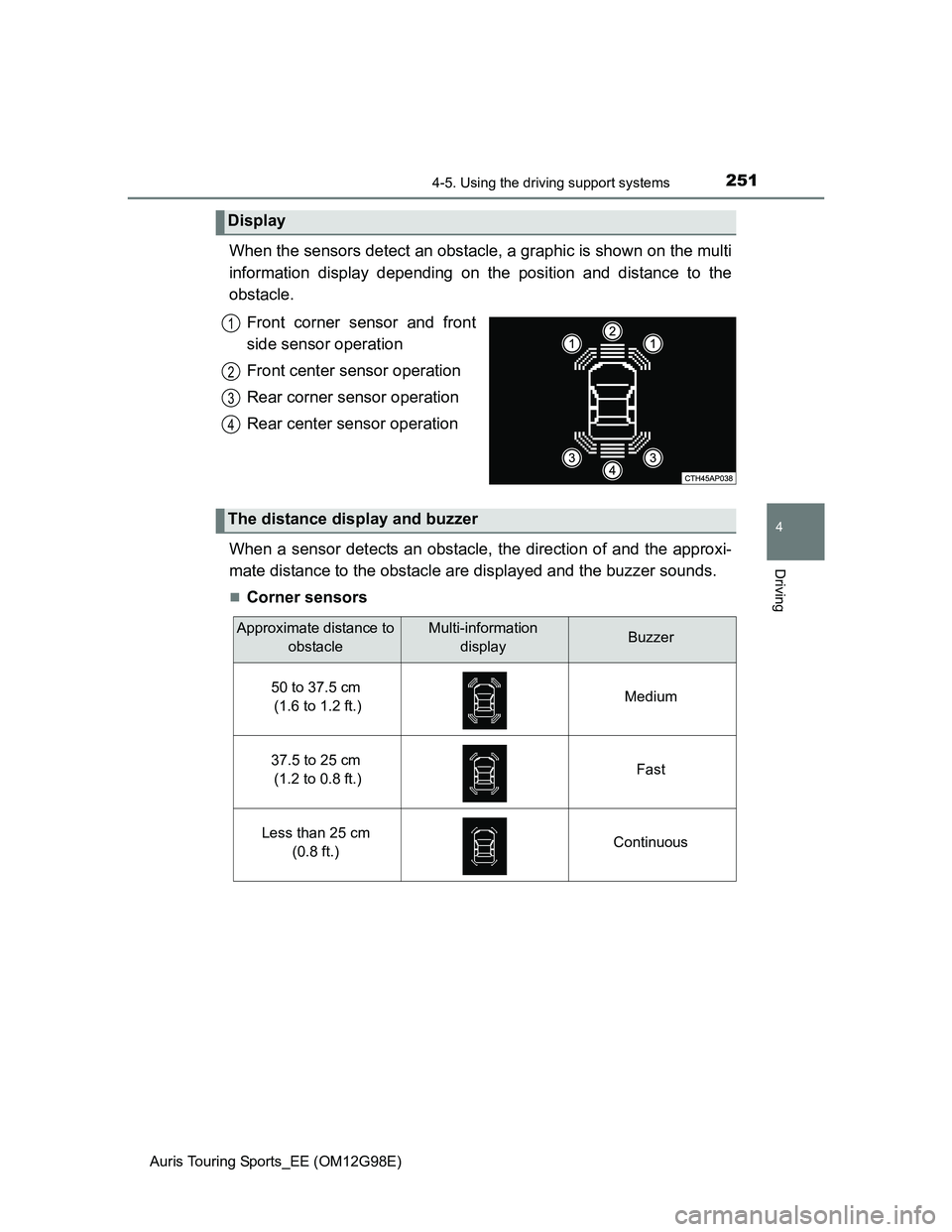 TOYOTA AURIS TOURING SPORTS 2014  Owners Manual 2514-5. Using the driving support systems
Auris Touring Sports_EE (OM12G98E)
4
Driving
When the sensors detect an obstacle, a graphic is shown on the multi
information display depending on the positio