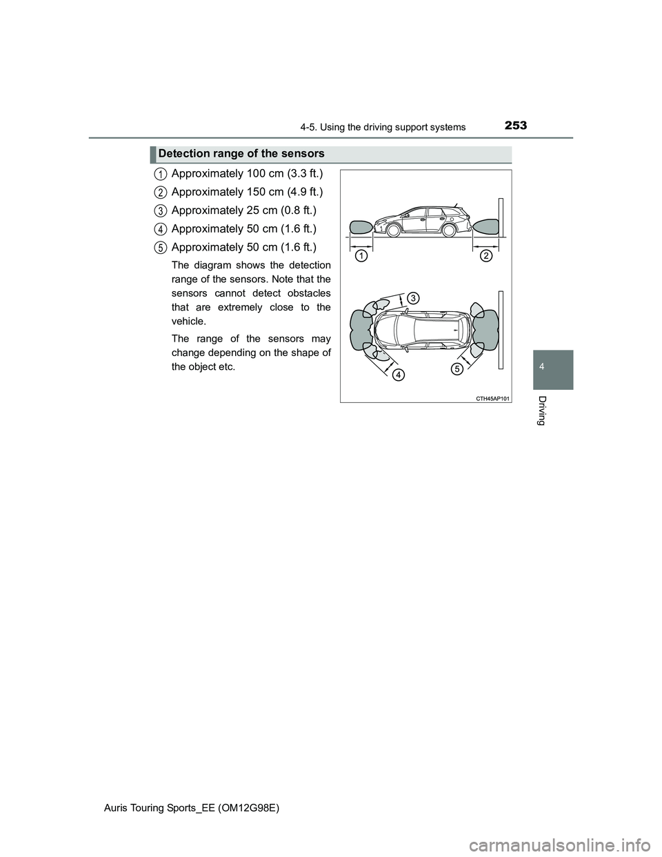 TOYOTA AURIS TOURING SPORTS 2014  Owners Manual 2534-5. Using the driving support systems
Auris Touring Sports_EE (OM12G98E)
4
Driving
Approximately 100 cm (3.3 ft.)
Approximately 150 cm (4.9 ft.)
Approximately 25 cm (0.8 ft.)
Approximately 50 cm (