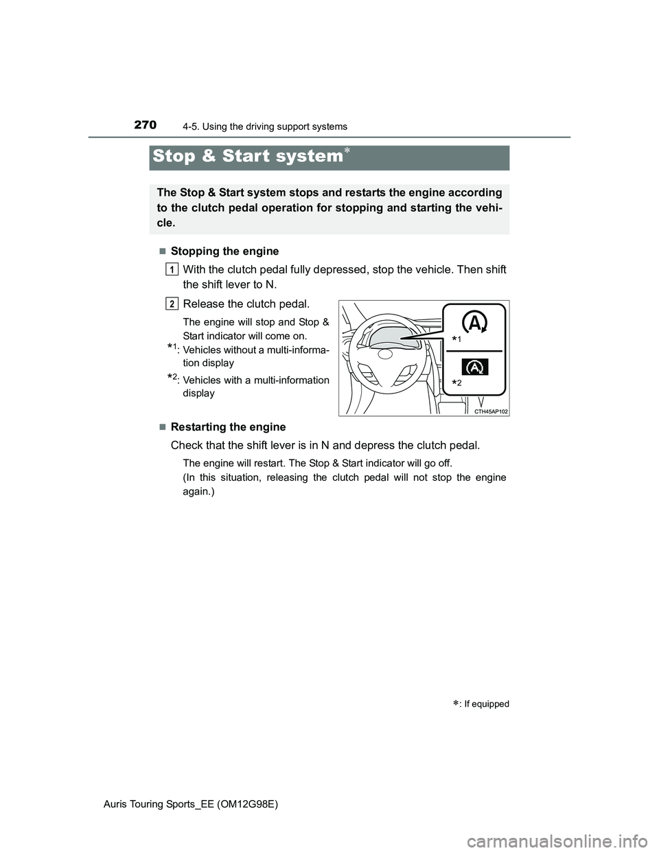 TOYOTA AURIS TOURING SPORTS 2014  Owners Manual 2704-5. Using the driving support systems
Auris Touring Sports_EE (OM12G98E)
Stopping the engine
With the clutch pedal fully depressed, stop the vehicle. Then shift
the shift lever to N.
Release th