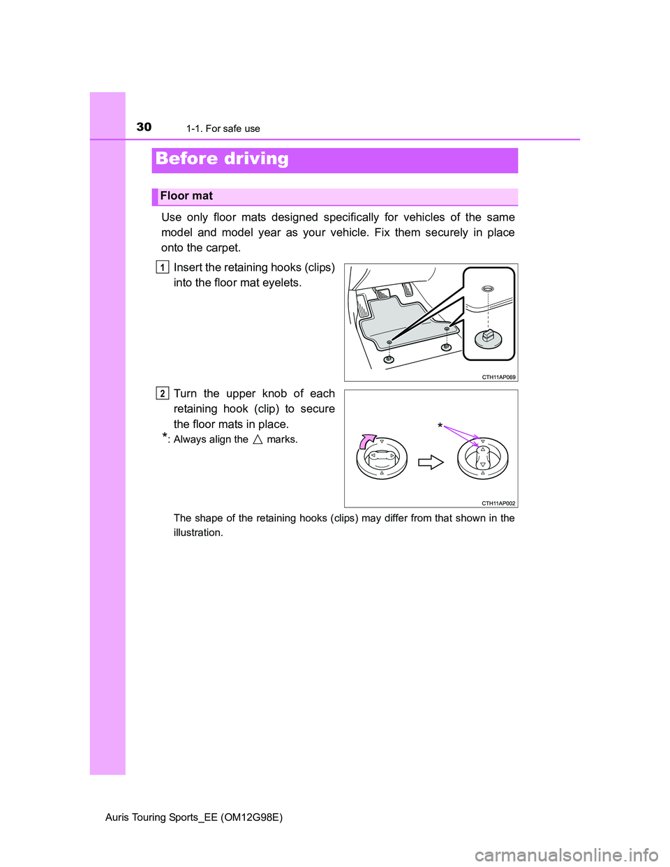 TOYOTA AURIS TOURING SPORTS 2014  Owners Manual 30
Auris Touring Sports_EE (OM12G98E)
1-1. For safe use
Use only floor mats designed specifically for vehicles of the same
model and model year as your vehicle. Fix them securely in place
onto the car