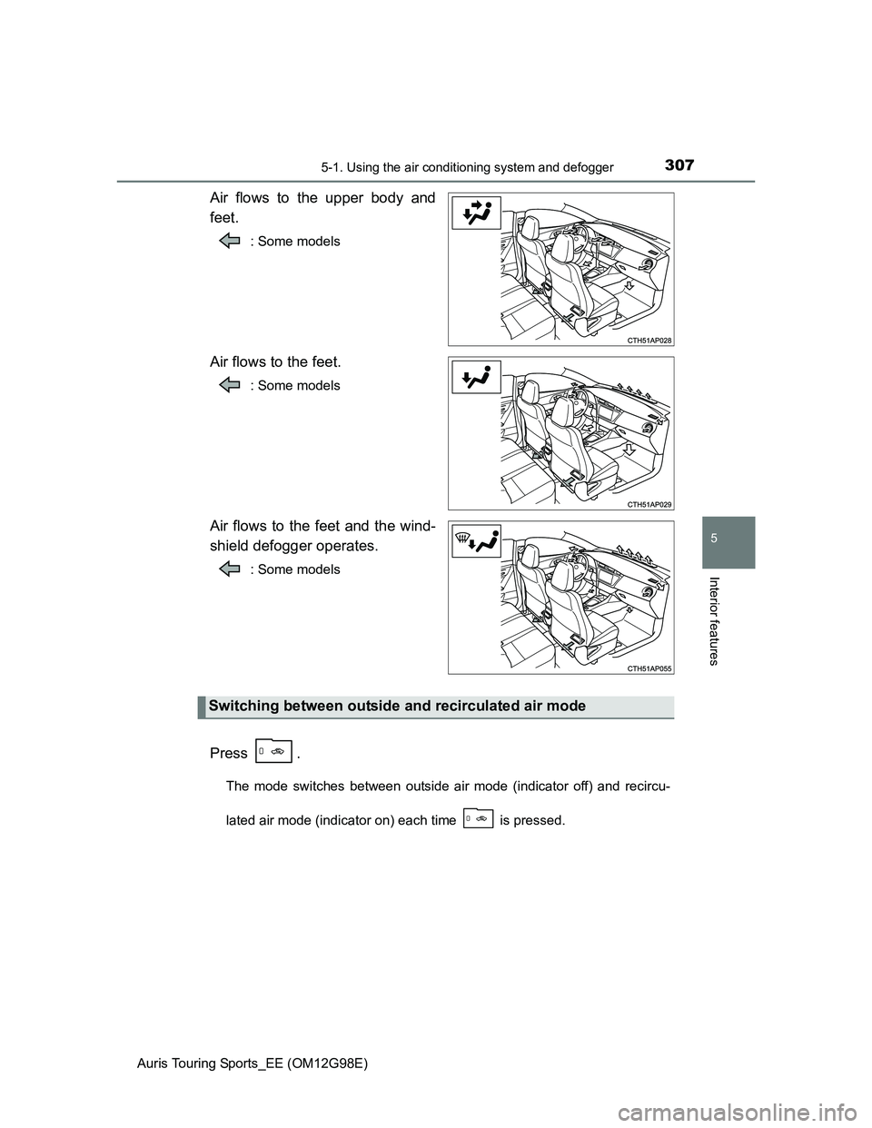 TOYOTA AURIS TOURING SPORTS 2014  Owners Manual 3075-1. Using the air conditioning system and defogger
Auris Touring Sports_EE (OM12G98E)
5
Interior features
Air flows to the upper body and
feet.
: Some models
Air flows to the feet.
: Some models
A