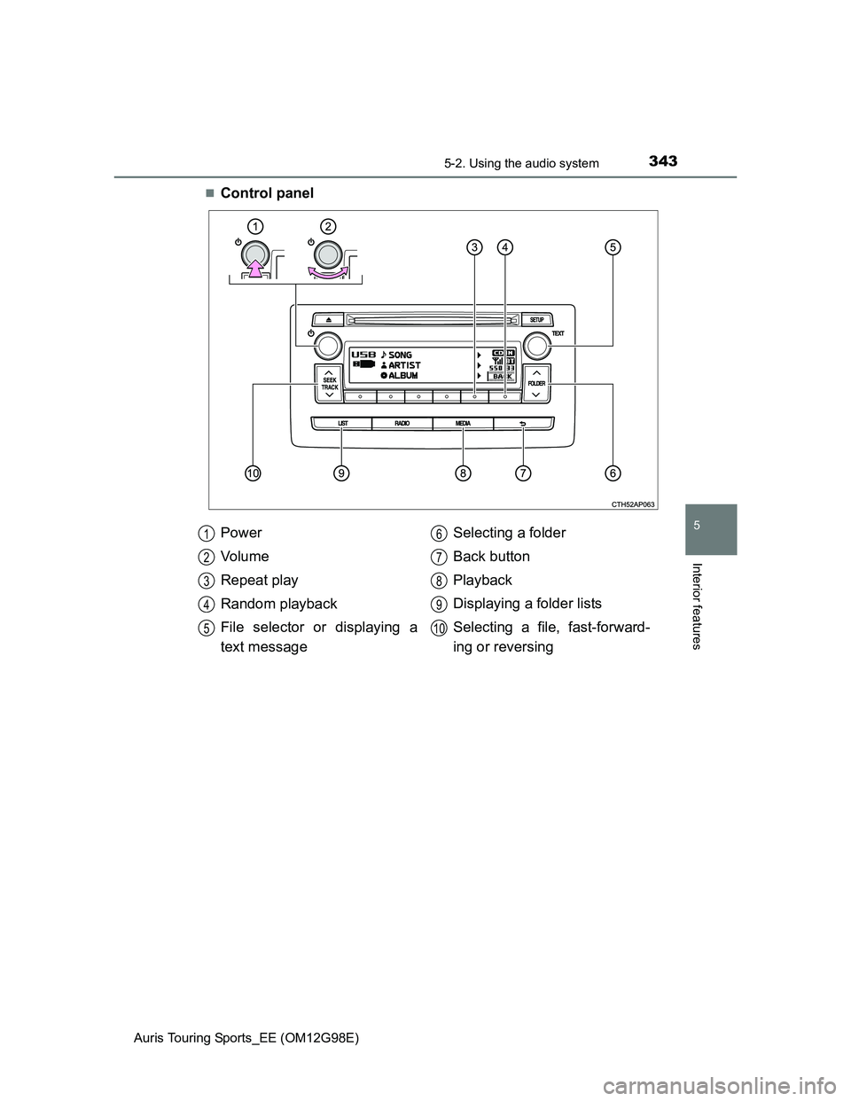 TOYOTA AURIS TOURING SPORTS 2014  Owners Manual 3435-2. Using the audio system
Auris Touring Sports_EE (OM12G98E)
5
Interior features
Control panel
Power
Vo l u m e
Repeat play
Random playback
File selector or displaying a
text messageSelecting 