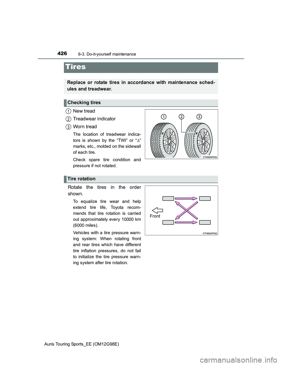 TOYOTA AURIS TOURING SPORTS 2014  Owners Manual 4266-3. Do-it-yourself maintenance
Auris Touring Sports_EE (OM12G98E)
New tread
Treadwear indicator
Worn tread
The location of treadwear indica-
tors is shown by the “TWI” or “”
marks, etc.