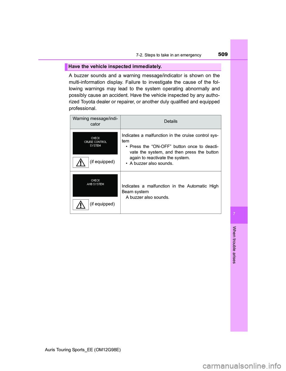 TOYOTA AURIS TOURING SPORTS 2014  Owners Manual 5097-2. Steps to take in an emergency
Auris Touring Sports_EE (OM12G98E)
7
When trouble arises
A buzzer sounds and a warning message/indicator is shown on the
multi-information display. Failure to inv