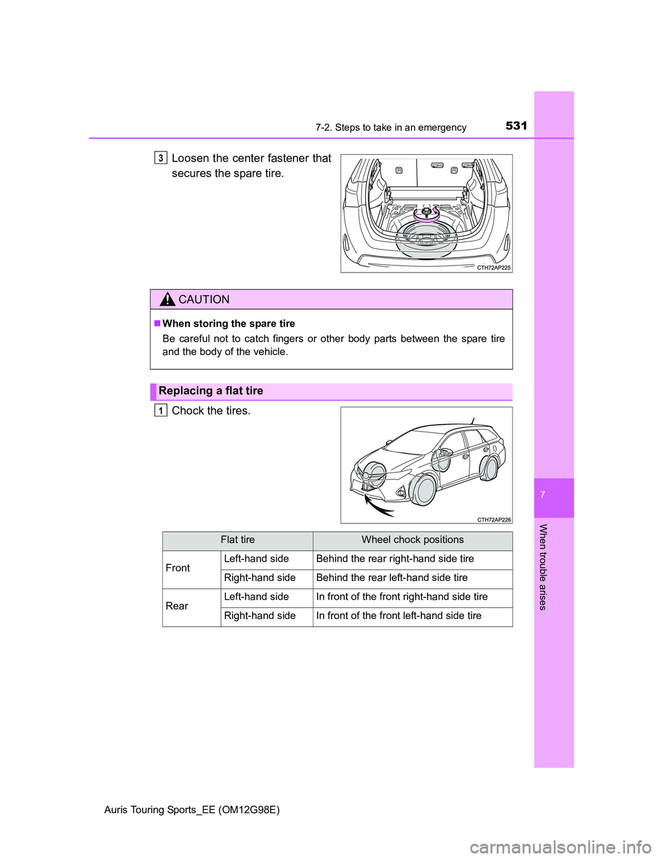 TOYOTA AURIS TOURING SPORTS 2014  Owners Manual 5317-2. Steps to take in an emergency
Auris Touring Sports_EE (OM12G98E)
7
When trouble arises
Loosen the center fastener that
secures the spare tire.
Chock the tires.3
CAUTION
When storing the spa