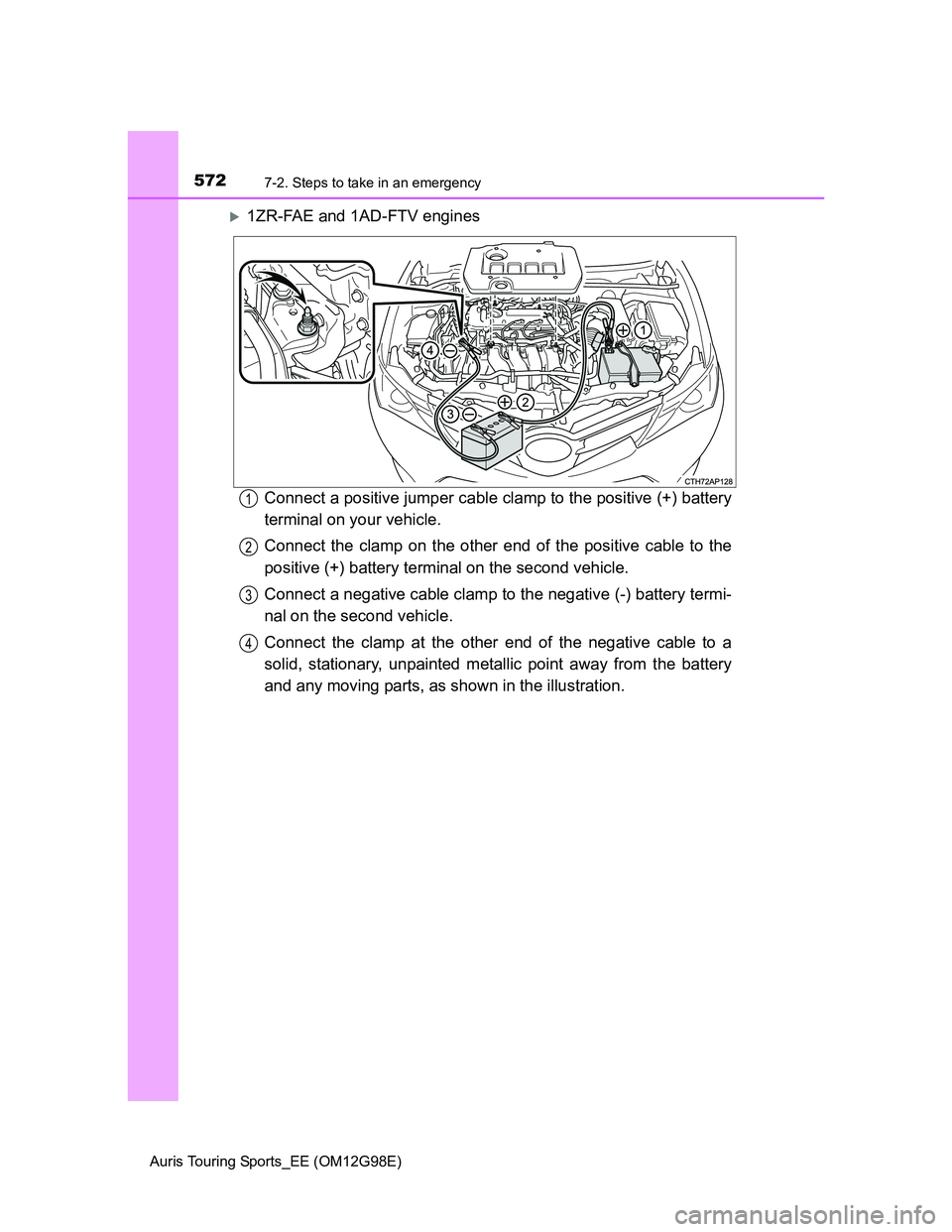 TOYOTA AURIS TOURING SPORTS 2014  Owners Manual 5727-2. Steps to take in an emergency
Auris Touring Sports_EE (OM12G98E)
1ZR-FAE and 1AD-FTV engines
Connect a positive jumper cable clamp to the positive (+) battery
terminal on your vehicle.
Conn