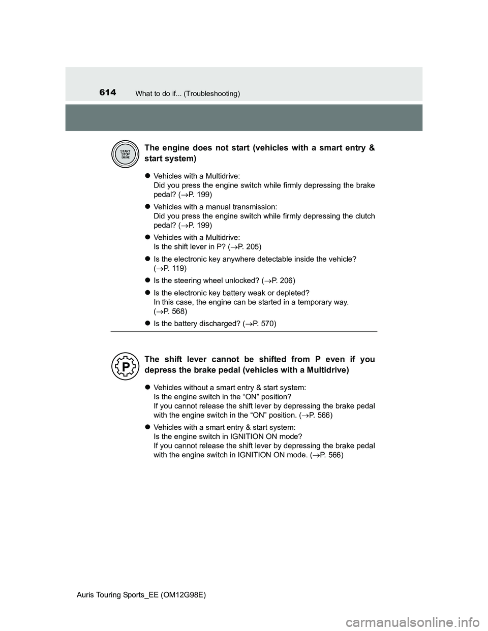 TOYOTA AURIS TOURING SPORTS 2014  Owners Manual 614What to do if... (Troubleshooting)
Auris Touring Sports_EE (OM12G98E)
Vehicles with a Multidrive: 
Did you press the engine switch while firmly depressing the brake
pedal? (P. 199)
Vehicle